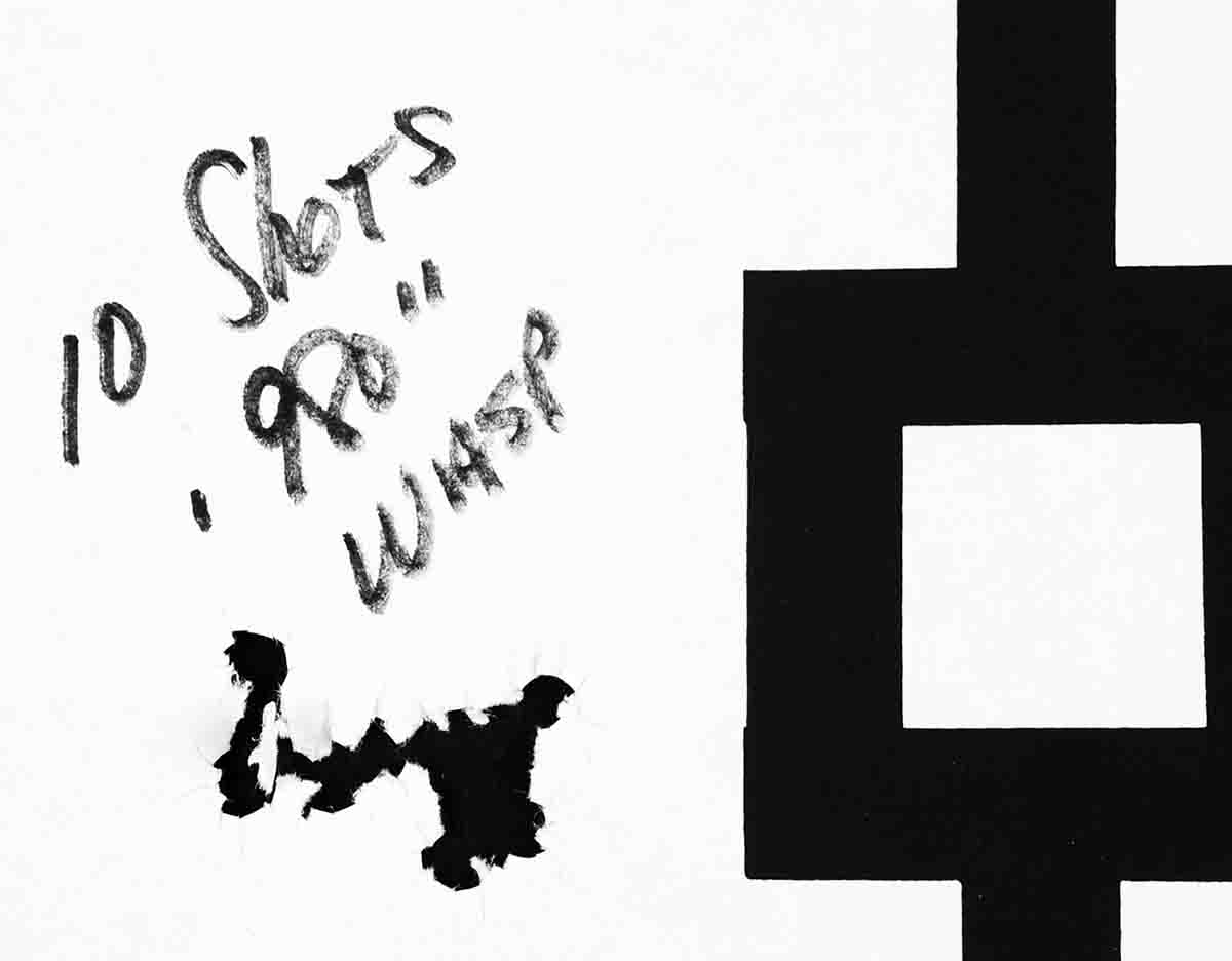 If you want a cartridge with consistency, the Wasp may be on your short list. Here are 10 shots at 100 yards under an inch.